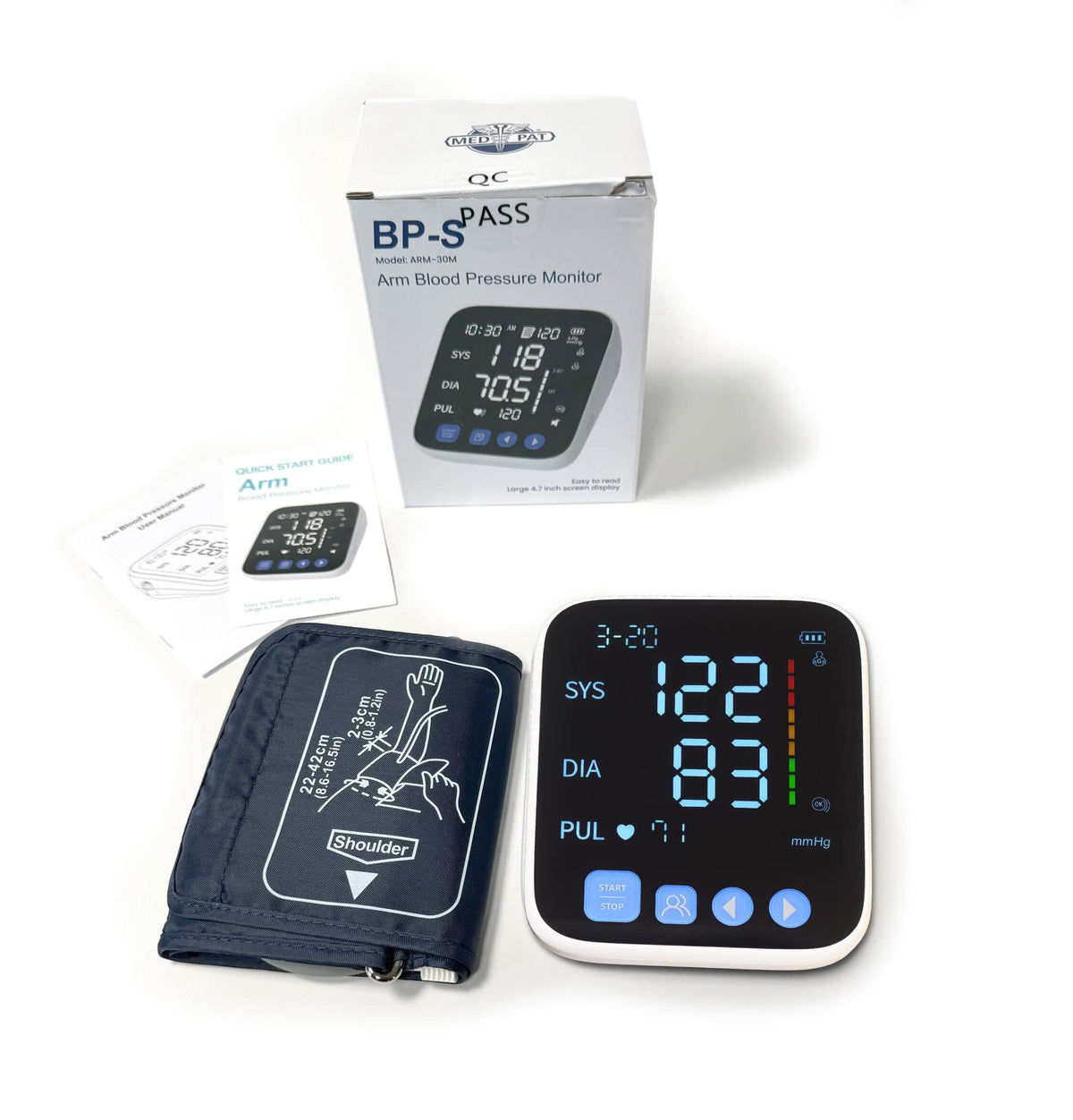 Med-Pat BP-S Arm Blood Pressure Monitor with easy-to-read display and one-touch operation for accurate home blood pressure measurement.
