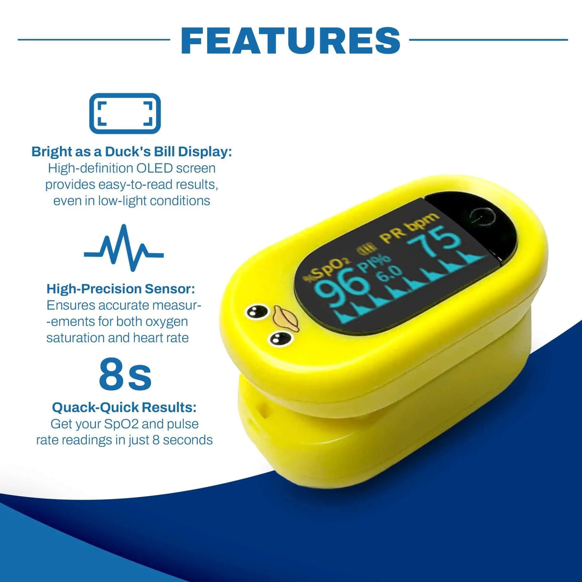 Med-Pat Ducky PXC-1 Pulse Oximeter showing SpO2 and pulse readings, designed for children, FDA-approved from MedPat Solutions.