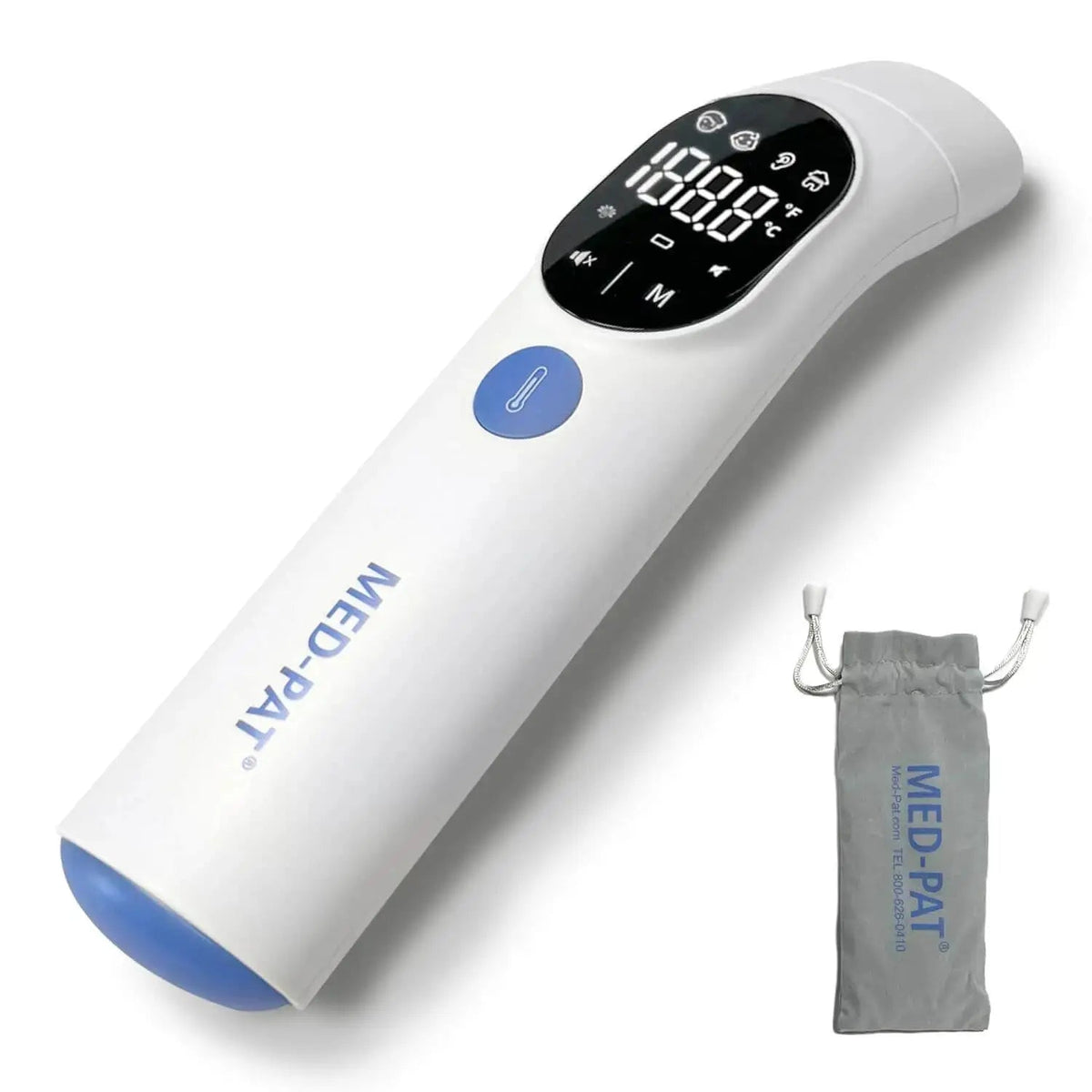 MedPat TH-1 4-in-1 infrared thermometer showing digital display, used for ear and forehead temperature measurement for all ages.
