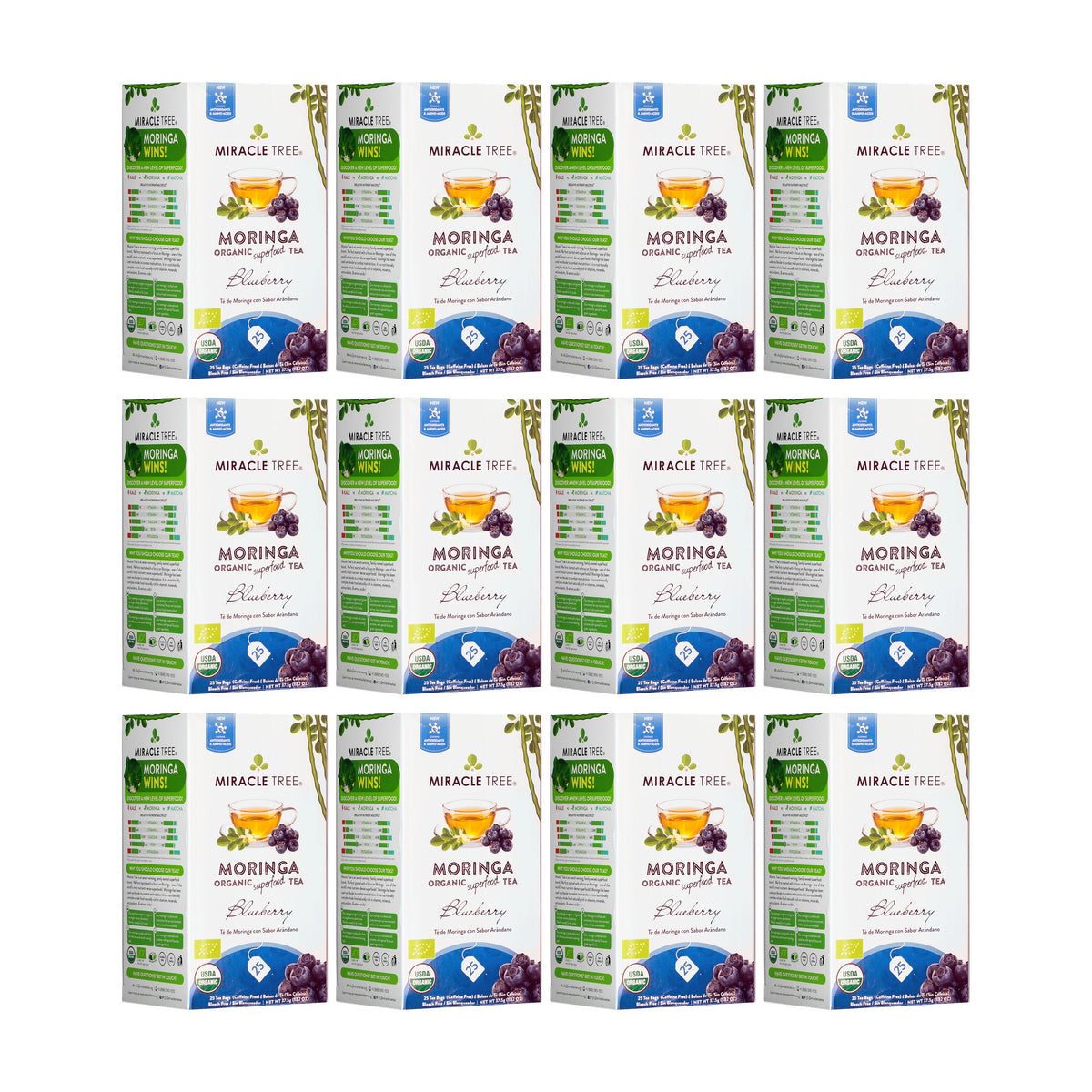 Organic Moringa Blueberry Herbal Tea by Miracle Tree, caffeine-free with fresh blueberry flavor and vibrant tea leaves.