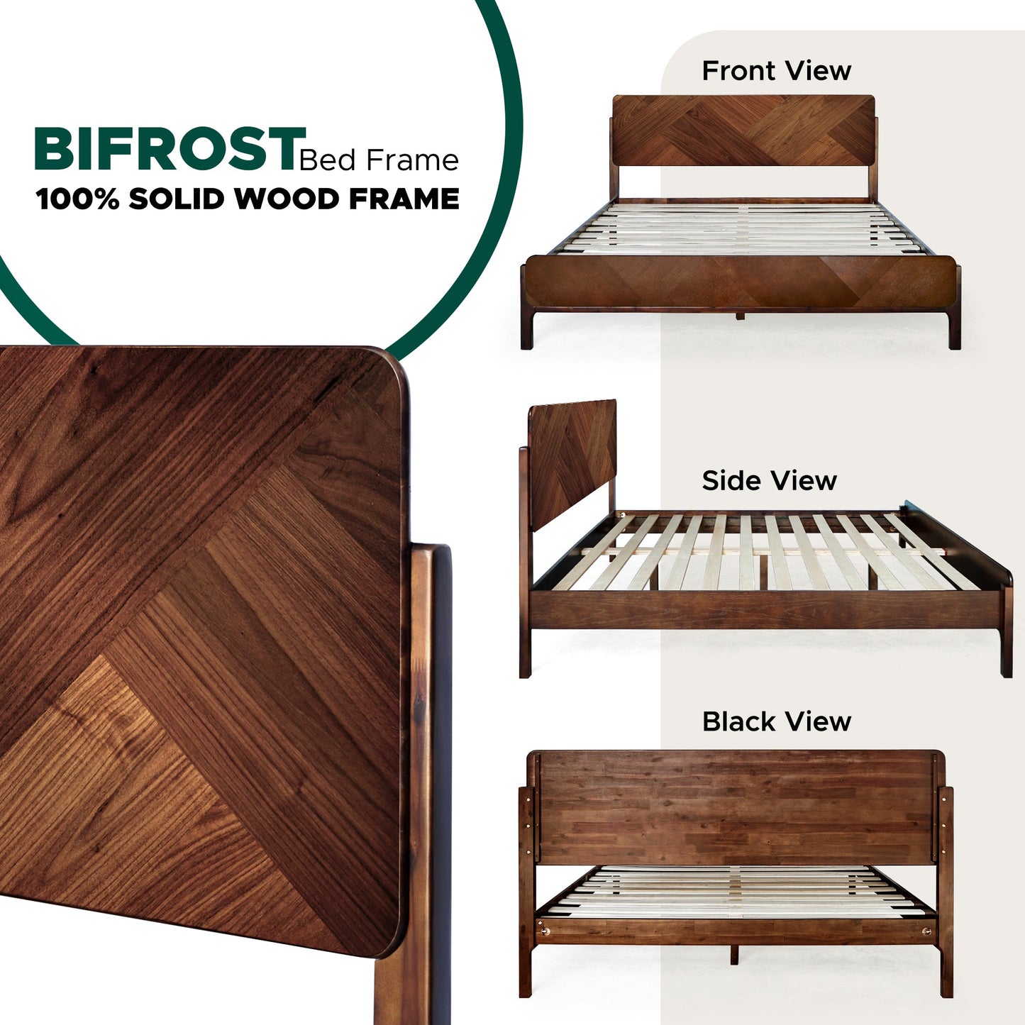 Caramel Megsu Bifrost solid wood king bed frame with sleek design and sturdy construction, shown in a modern bedroom setting.