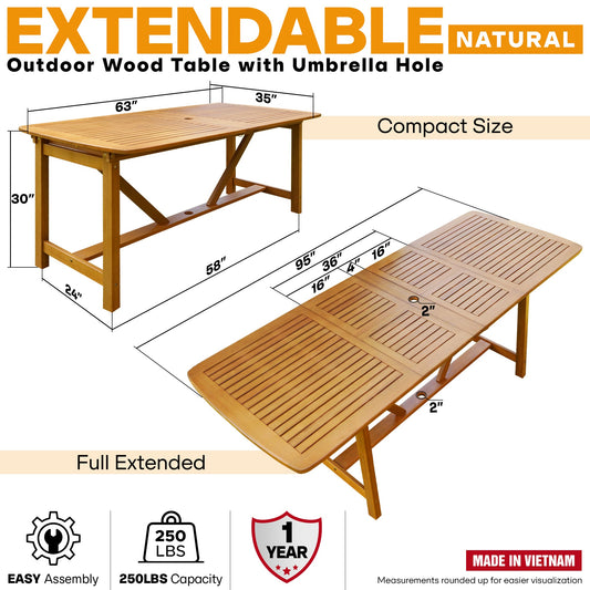 Extendable outdoor dining table by Megsu with a sleek wooden surface and adjustable length for versatile outdoor meals.