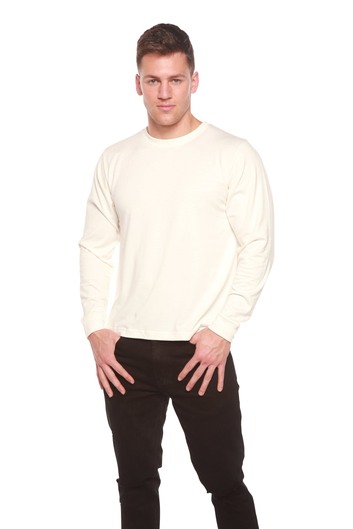 Men's long sleeve T-shirt by Spun Bamboo made of bamboo viscose and organic cotton, shown in a natural, casual fit.