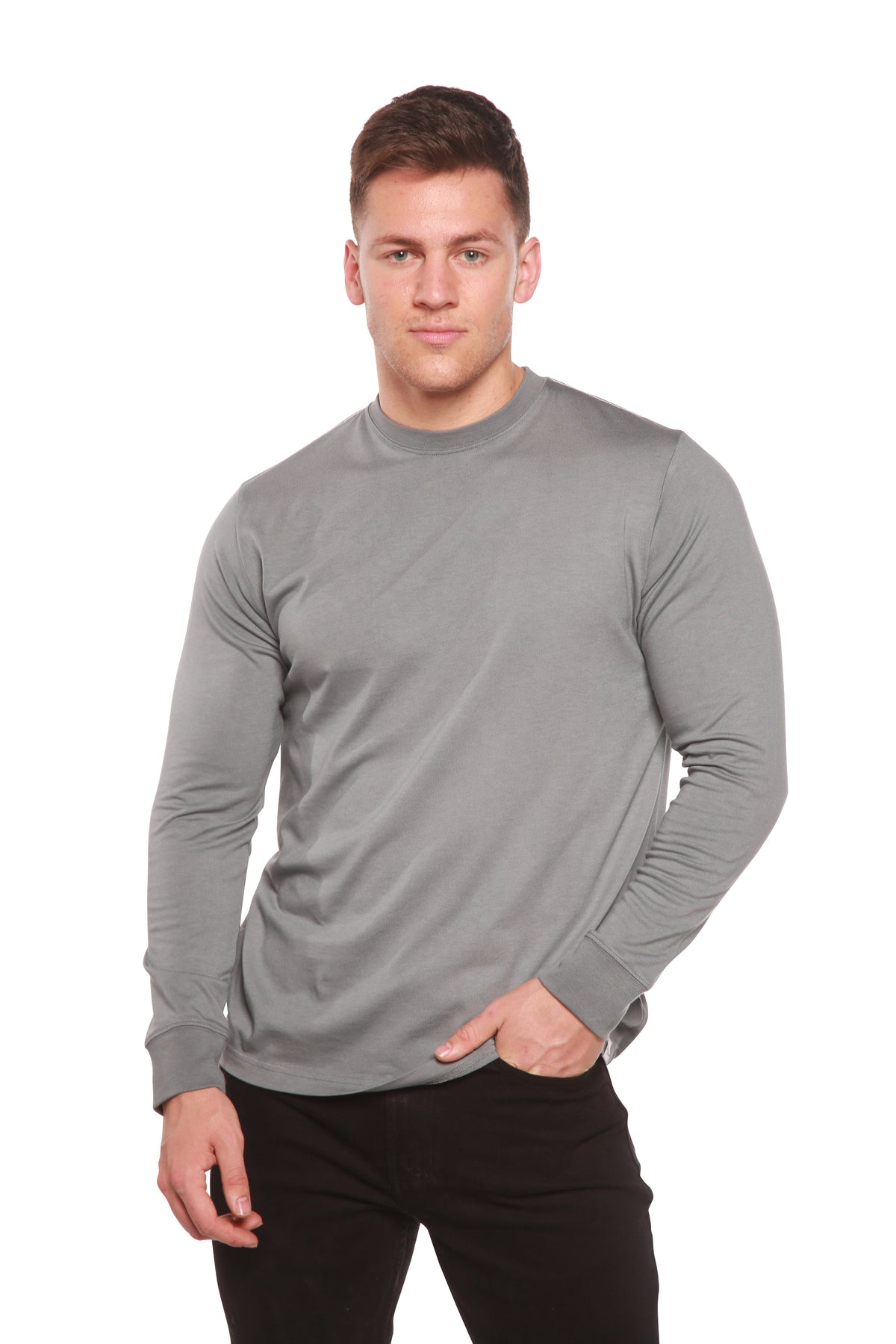 Men's long sleeve T-shirt by Spun Bamboo made of bamboo viscose and organic cotton, shown in a natural relaxed fit.
