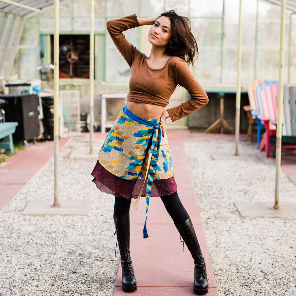 Knee-length mini sari wrap skirt by Darn Good Yarn featuring eco-friendly yarn, crochet-knit boho style for women.