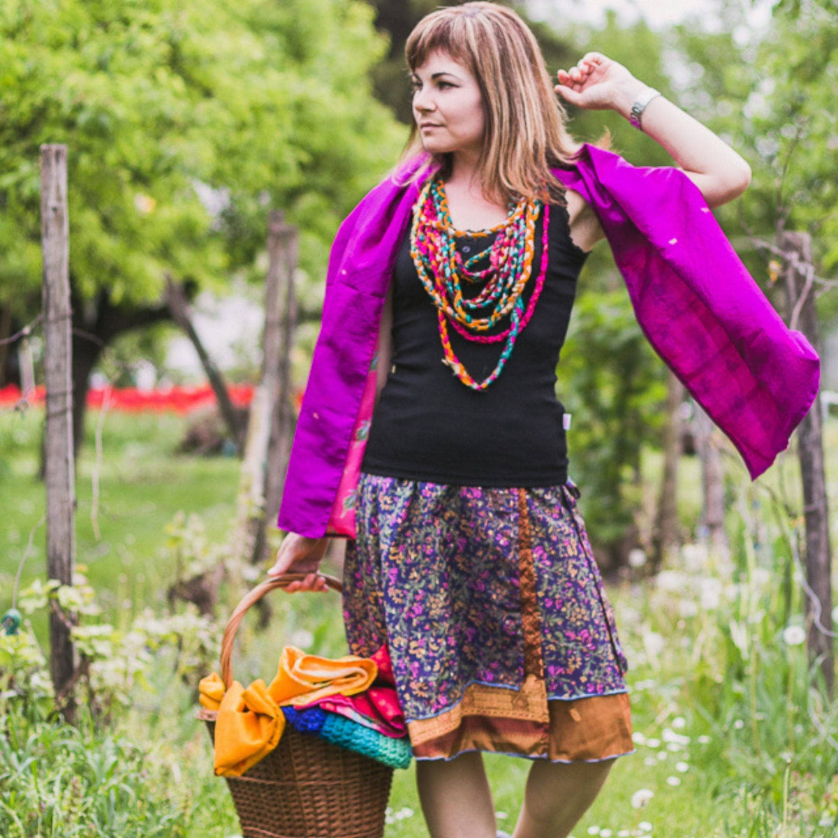 Knee-length mini sari wrap skirt by Darn Good Yarn, eco-friendly yarn, crochet-knit boho style, plus size women's clothing