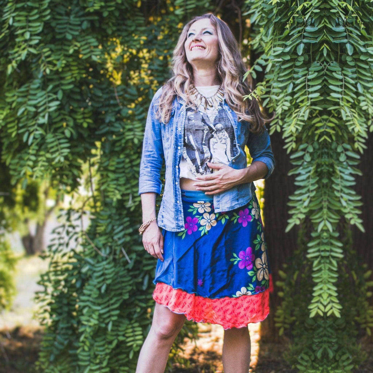 Knee-length mini sari wrap skirt by Darn Good Yarn, eco-friendly crochet and knit boho-style clothing for women.