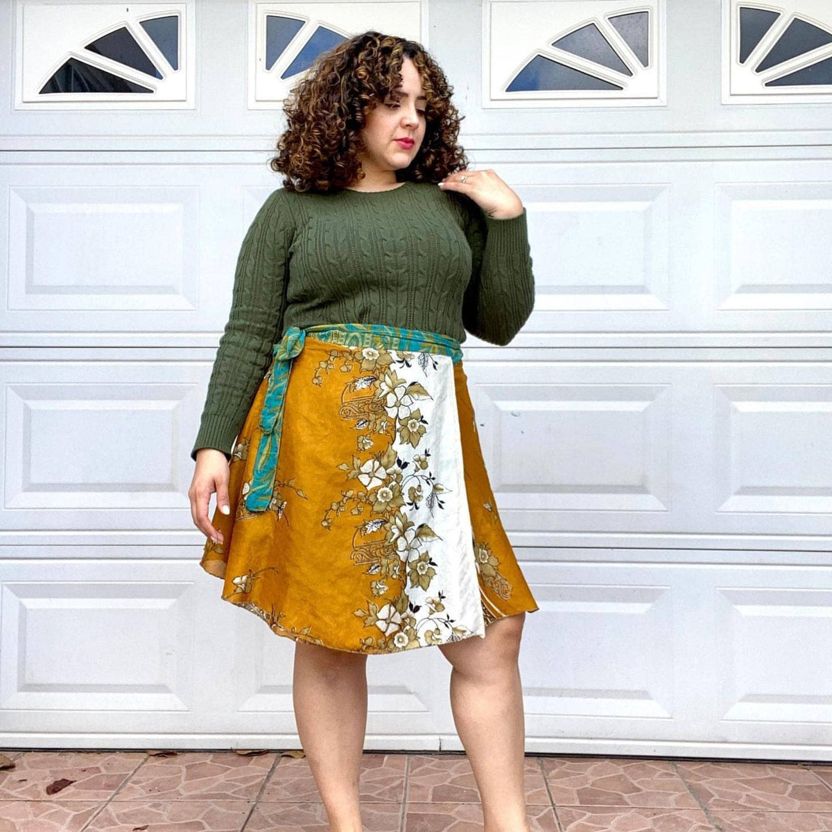 Knee-length mini sari wrap skirt made with eco-friendly yarn by Darn Good Yarn, featuring crochet and boho-style design for women.