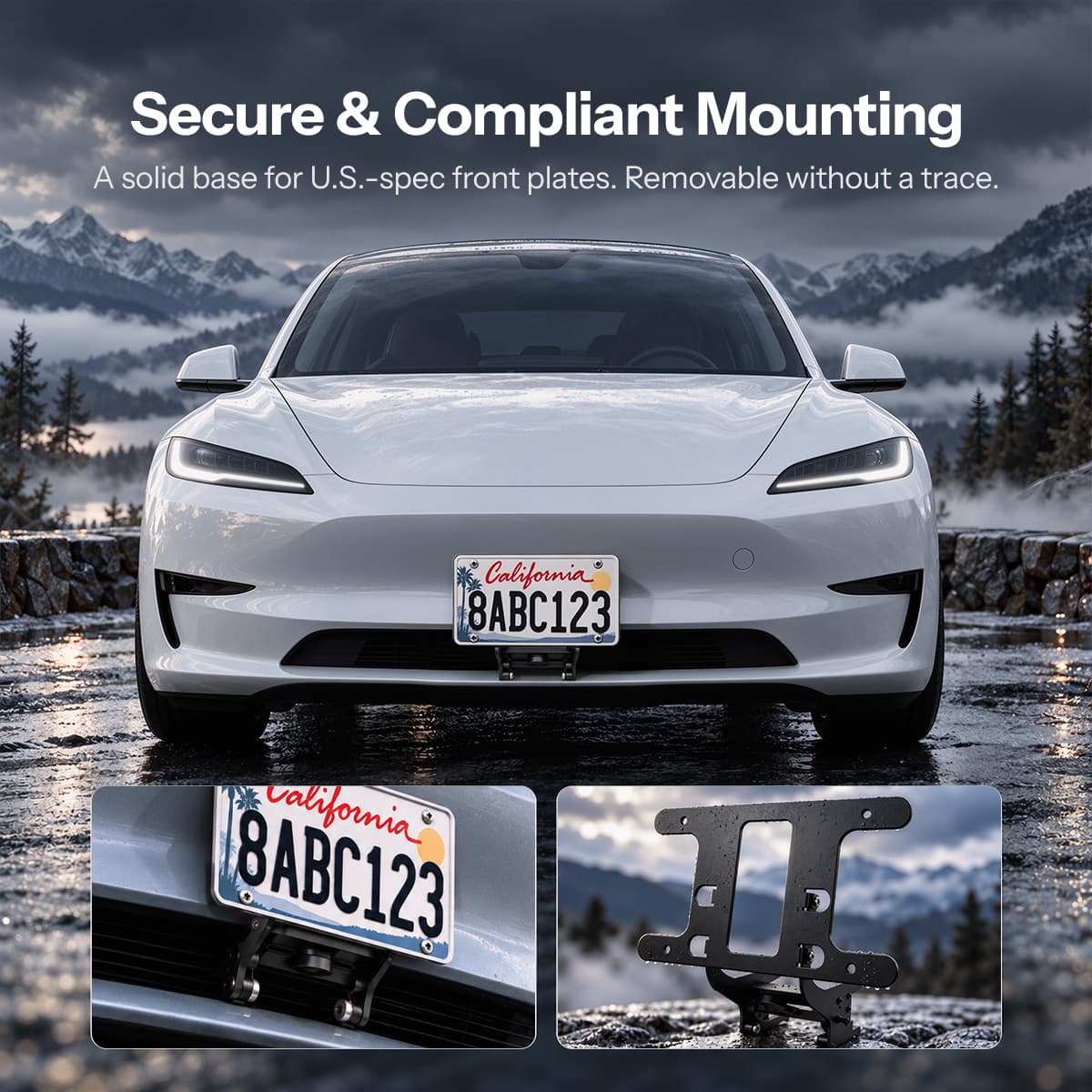 Tesla Model 3 Highland US standard license plate holder with aluminum bracket, durable and sleek license plate frame for Model 3.