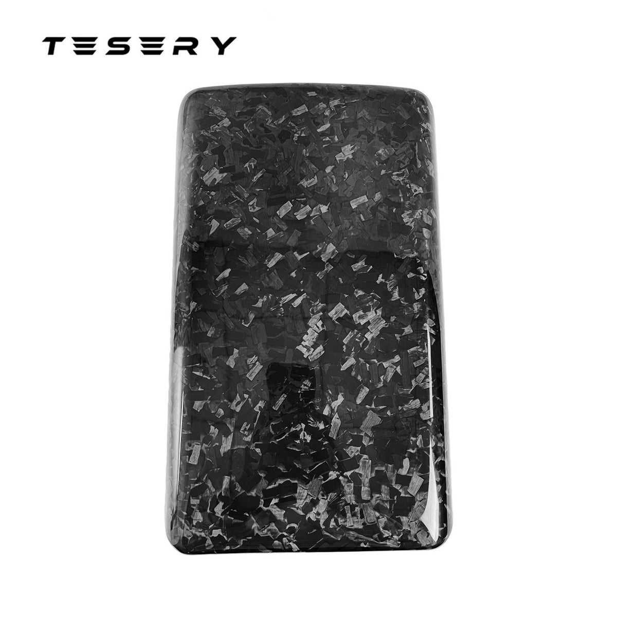Tesla Model Y armrest cover in dry carbon fiber, interior mod by TESERY, showcasing sleek, textured carbon fiber surface.