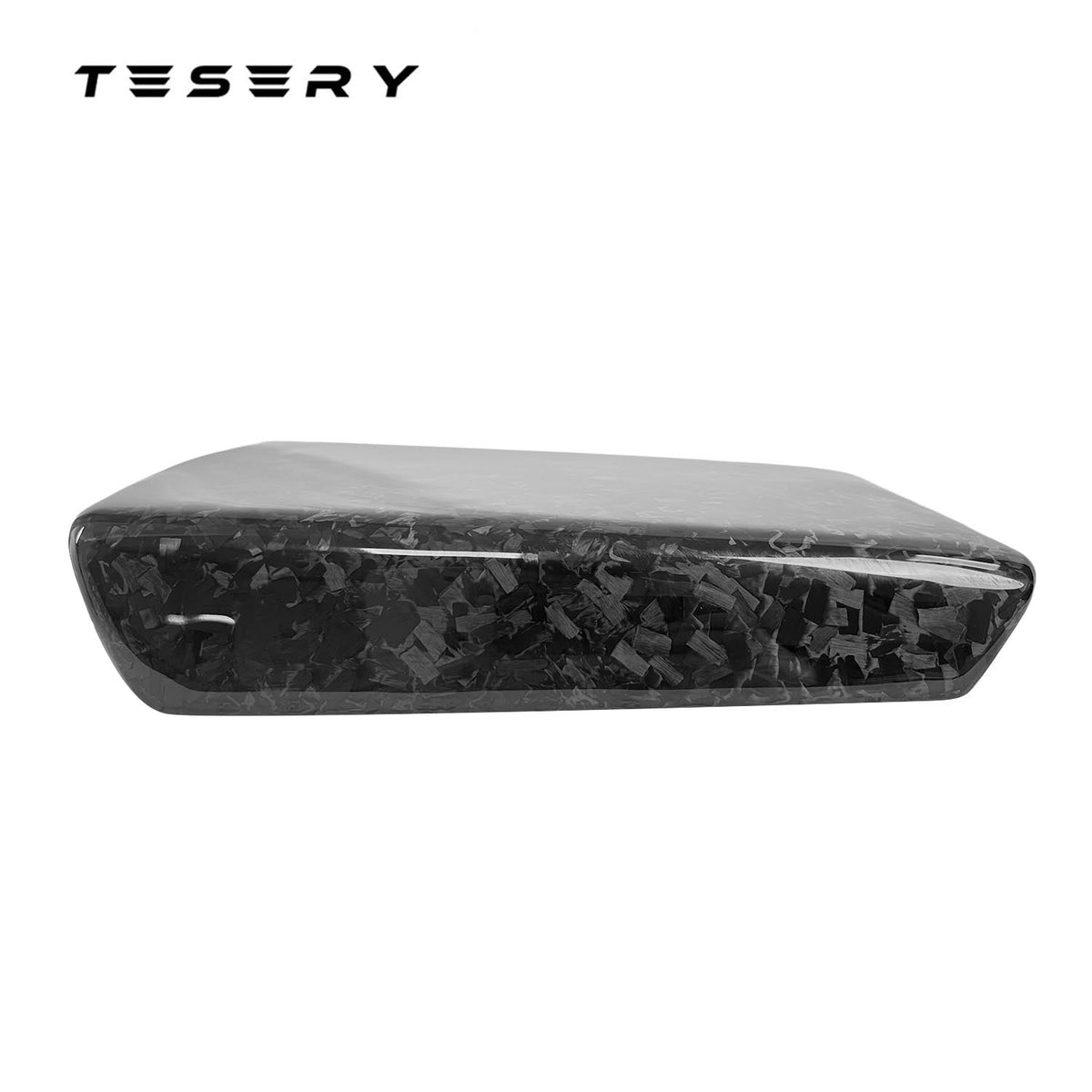 Tesla Model Y armrest cover in dry carbon fiber finish, interior custom mod by TESERY for a sleek, modern look.