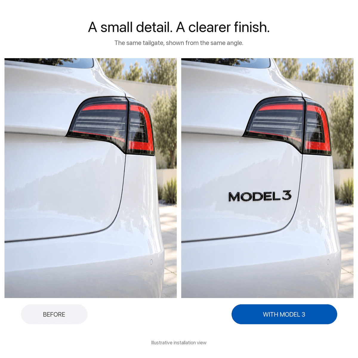 Tesla Model 3/Y/S/X tailgate emblem badge by Tesery, sleek chrome badge for vehicle front or rear tailgate.