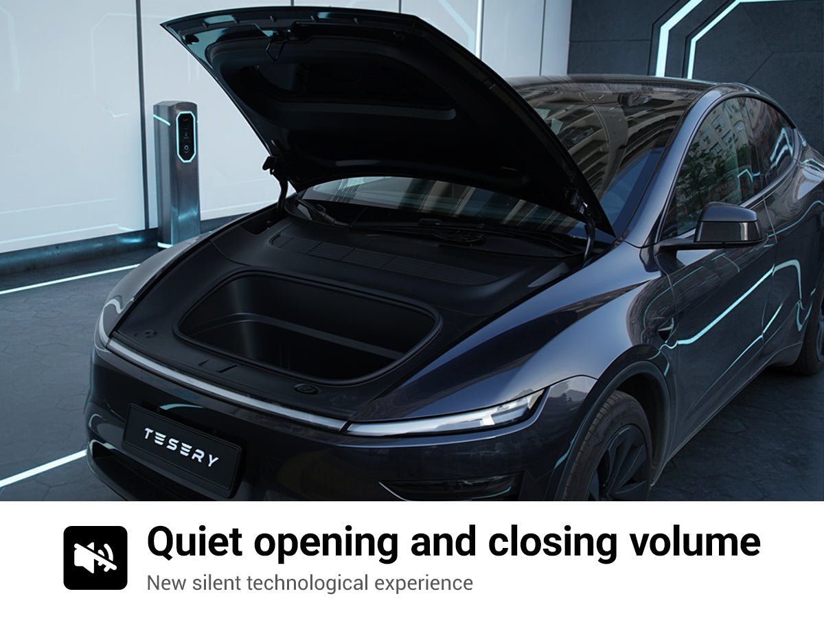 Tesla Model Y Juniper electric frunk system with hands-free automatic opener, upgrade by Tesery for convenient power lift.