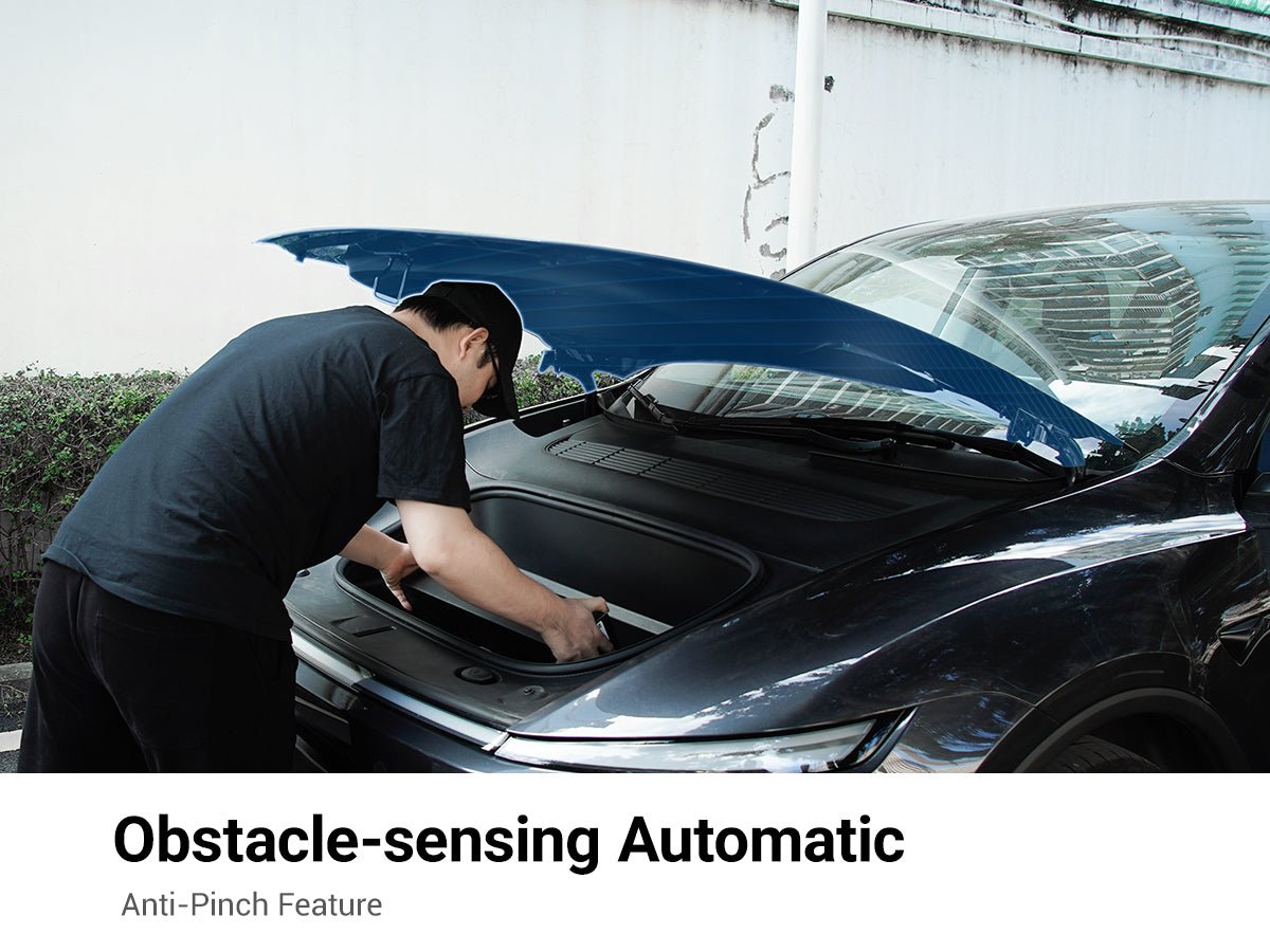 Tesla Model Y Juniper electric frunk system with hands-free automatic opener, upgrade by Tesery for convenient power trunk access.