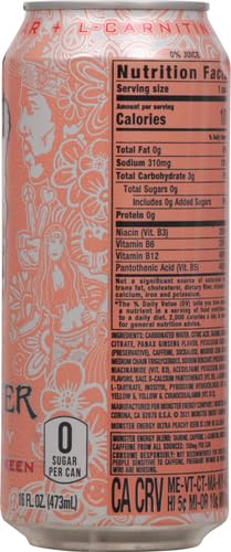 Cans of Monster Energy Ultra Peachy Keen sugar-free energy drink in 16oz cans with vibrant peach and green design.