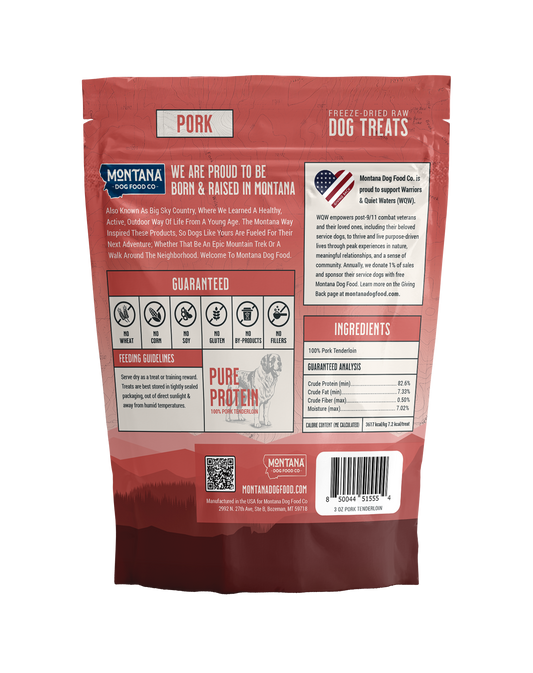 Dog treats made from freeze-dried pork tenderloin by Montana Dog Food Co, showcasing the raw, crunchy snack for dogs.