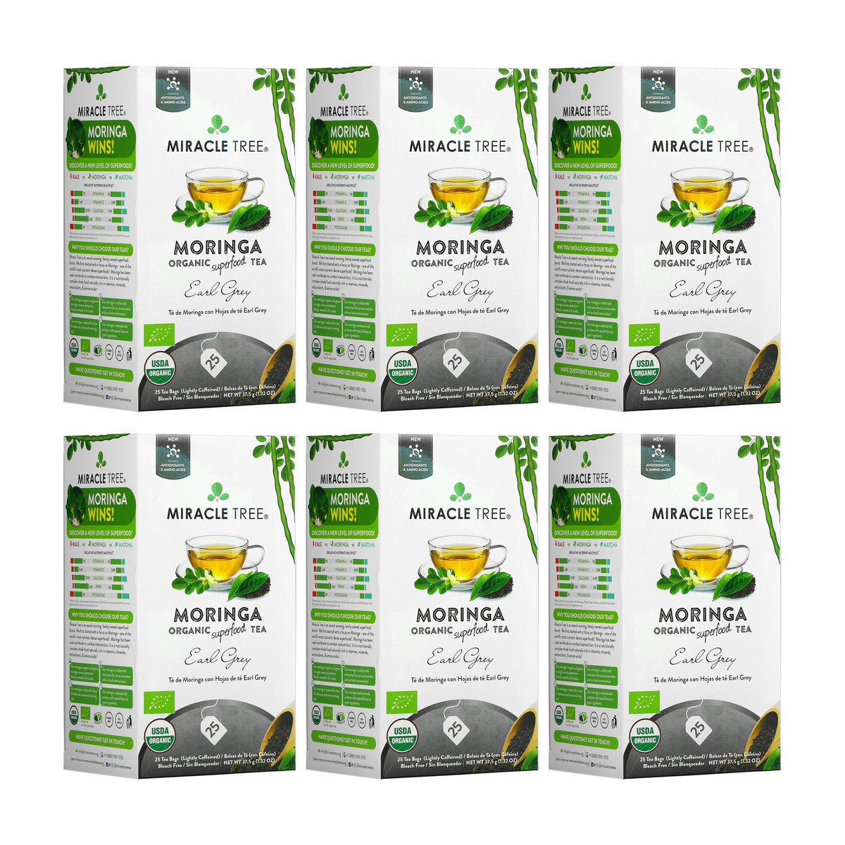 Organic Moringa Earl Grey herbal tea by Miracle Tree, featuring dried moringa leaves and bergamot aroma in a tea bag.