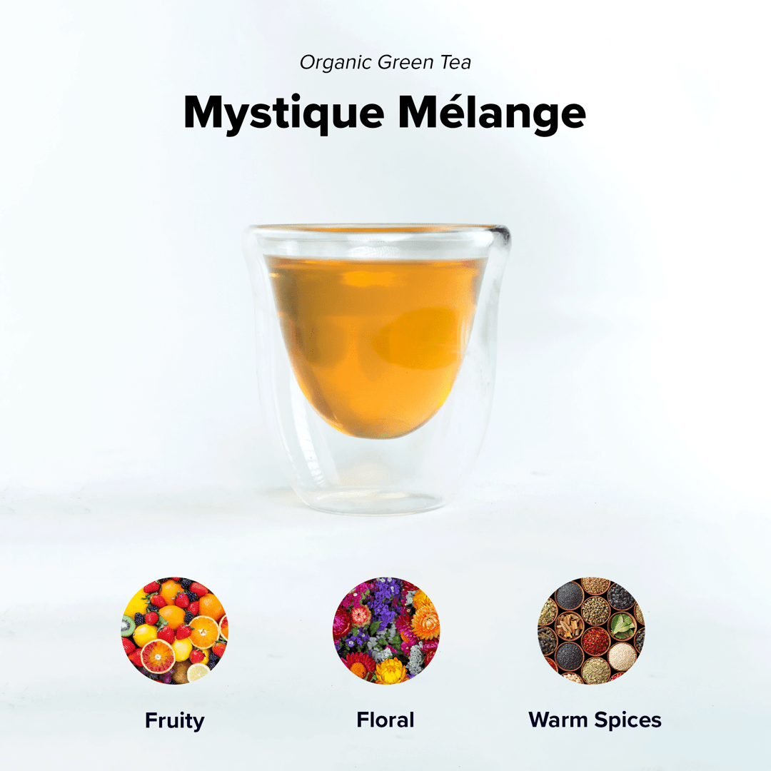 Organic Mystique Mélange tea blend by Nepal Tea with a colorful, aromatic mix of herbs and spices in a tea package.
