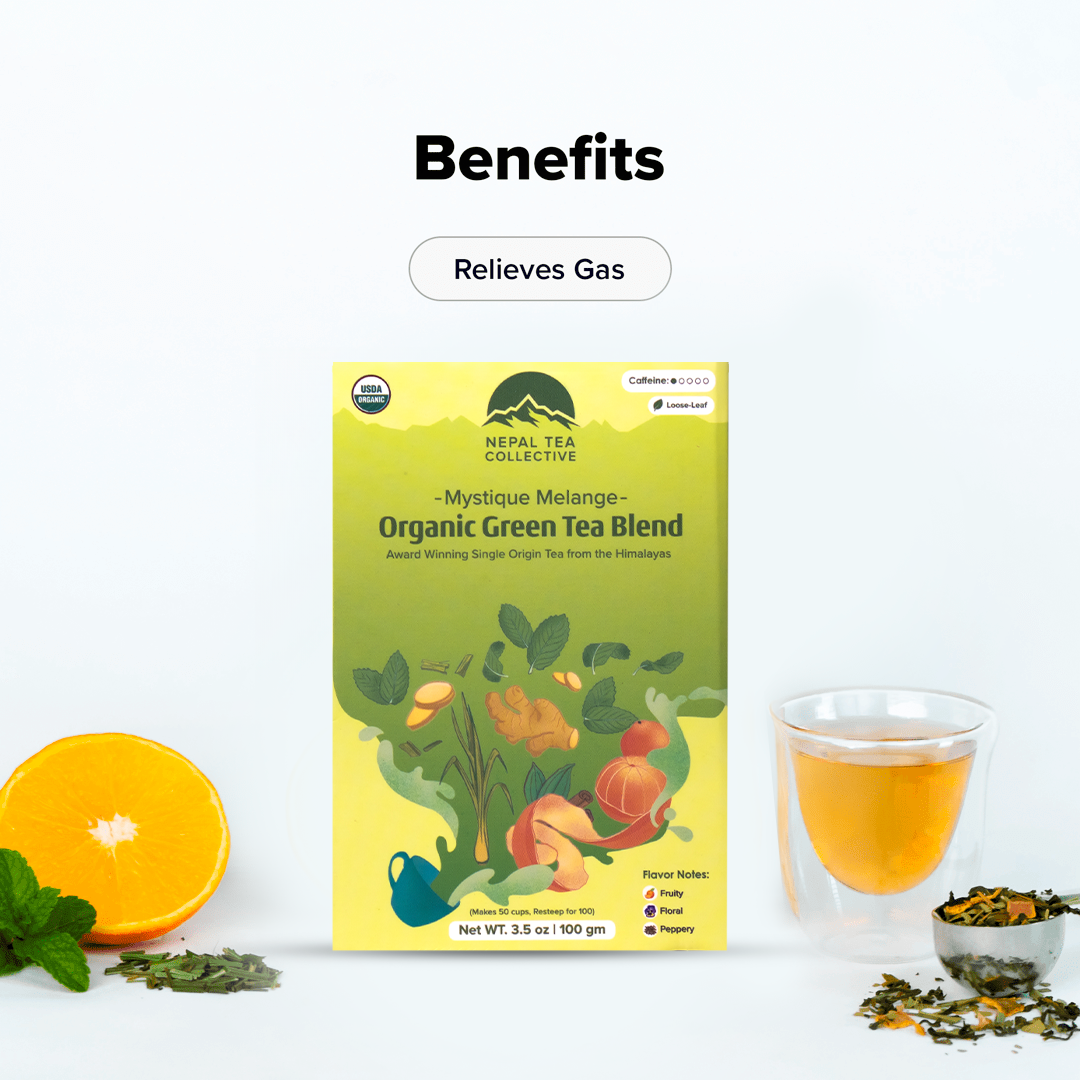 Organic Mystique Mélange tea blend from Nepal Tea, featuring a colorful mix of dried herbs and spices in a loose tea blend.