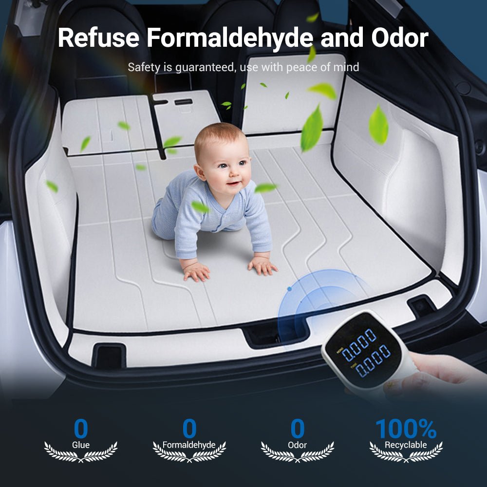 Nappa leather trunk mats for Tesla Model Y, Juniper color, 7-piece set, designed for a stylish and protective fit in the vehicle.