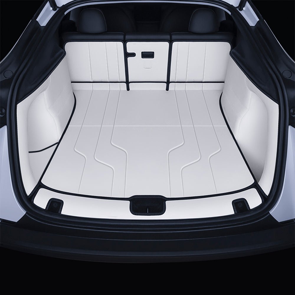 Nappa leather trunk mats for Tesla Model Y Juniper, 7-piece set, durable and luxurious interior protection.