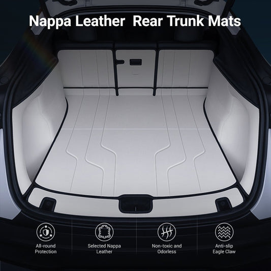 Nappa leather trunk mats for Tesla Model Y Juniper, 7-piece set, featuring premium material and tailored fit for vehicle trunk interior.
