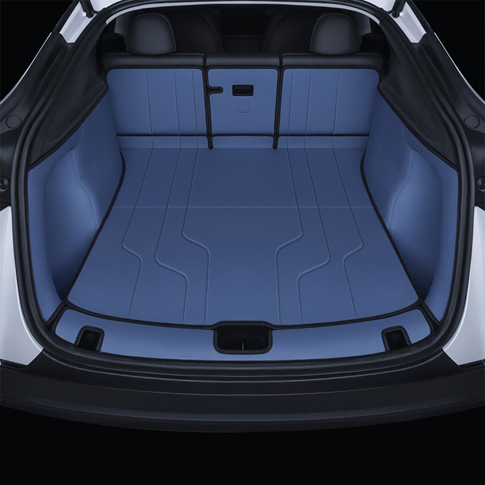 Nappa leather trunk mats for Tesla Model Y Juniper, 7-piece set, durable and stylish interior protection.