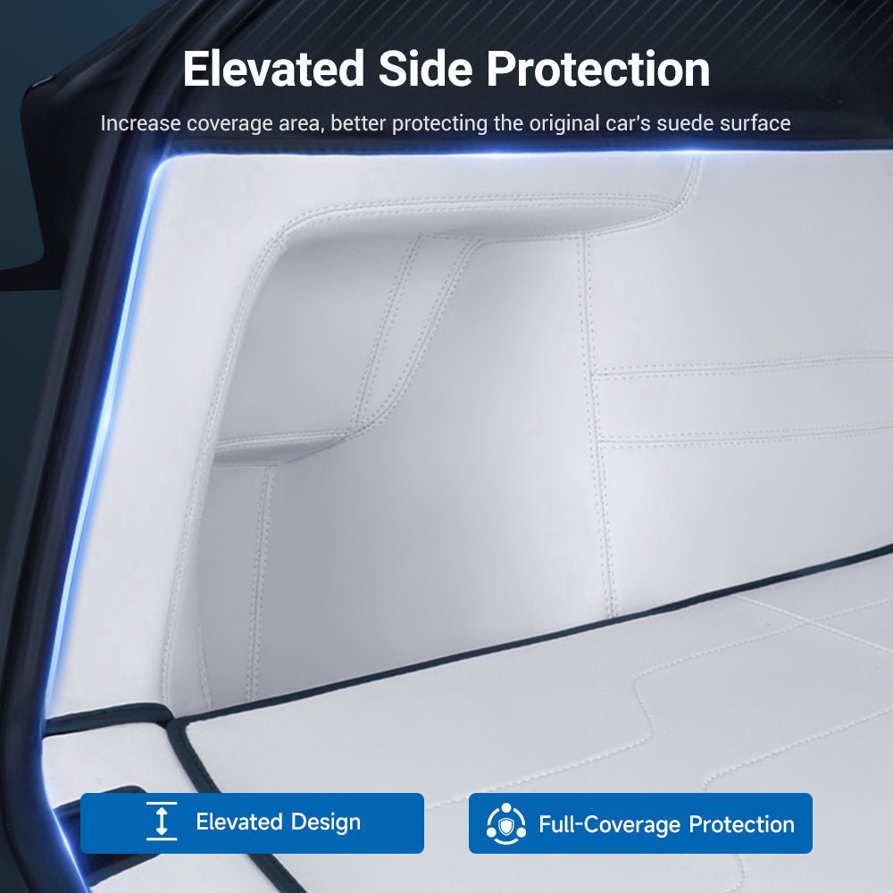 Nappa leather trunk mats for Tesla Model Y Juniper, 7-piece set, with textured surface and tailored fit for vehicle cargo area.