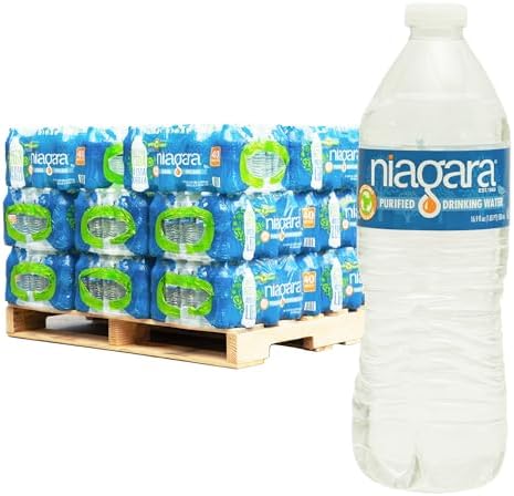 Niagara purified drinking water bottles, 16.9 oz, 40-pack, on a half pallet, arranged in 24 cases for storage or shipping.