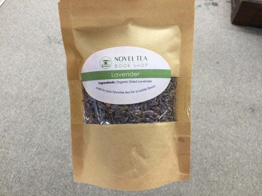 Loose lavender leaf tea from Novel Tea Book Shop, showing dried lavender herbs for herbal tea brewing.