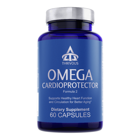 Omega Cardioprotector dietary supplement bottle by Thrivous with label and capsules visible.