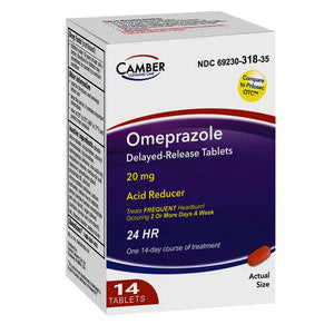 Blister pack of Pasteur Pharmacy Omeprazole 20mg acid neutralizer tablets, 14 delayed-release capsules for acid relief.