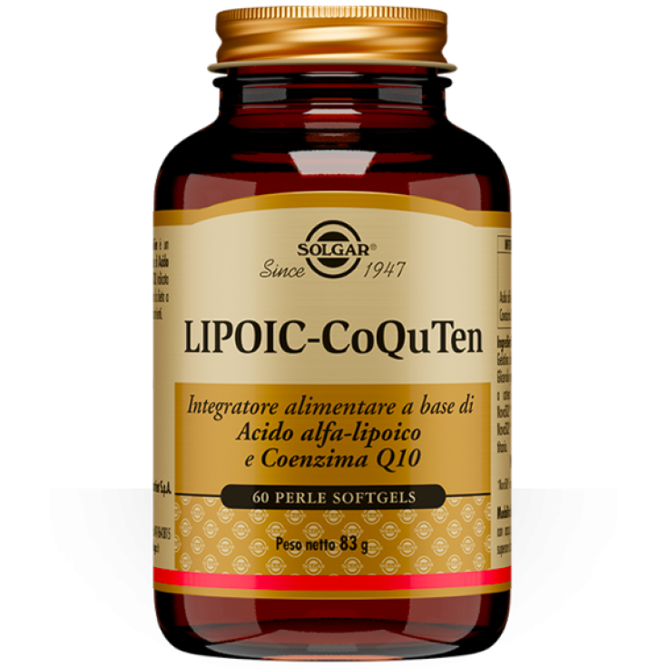 Solgar Nutri-Nano CoQ-10 and Alpha Lipoic Acid softgels for acid neutralization, shown in a clear bottle with softgel capsules.