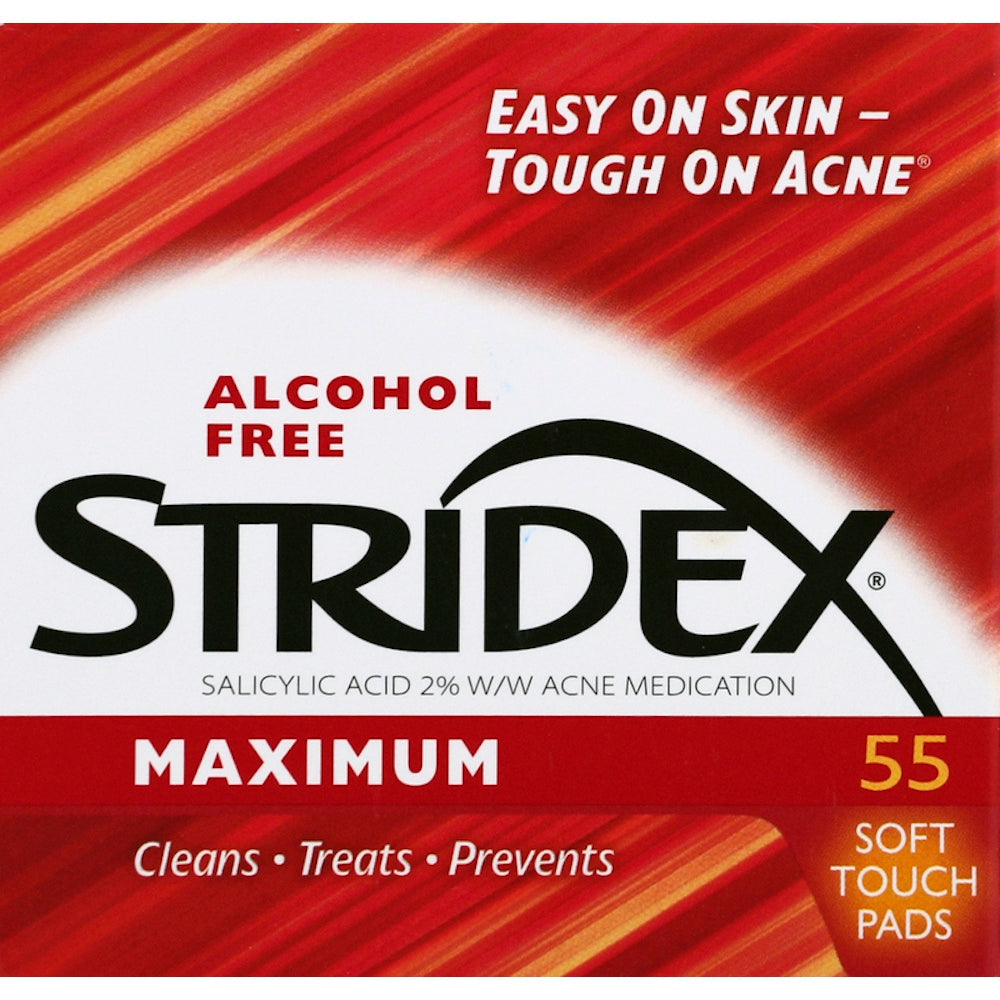 Alcohol-free Stridex acne treatment soft touch pads by Pasteur Pharmacy for effective acne medication and skin cleansing.