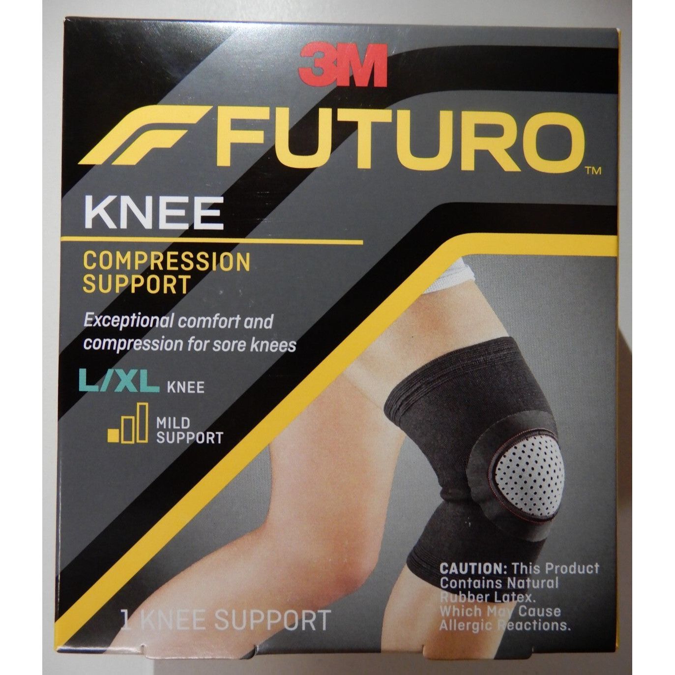 Futuro knee compression support in activewear style with adjustable straps, designed for knee pain relief and stability.