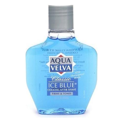 Aqua Velva Classic Ice Blue Cooling After Shave in 3.5 Oz bottle, with blue liquid and distinctive label, for men's grooming.