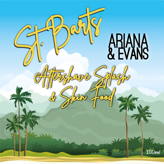 Ariana & Evans St. Barts after shave and skin food in 100ml bottle, natural skincare product for soothing and moisturizing skin.
