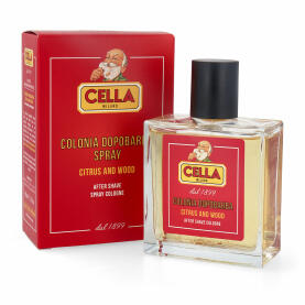Cella Citrus and Wood after shave spray cologne in 100ml bottle, featuring citrus and woody scent notes.