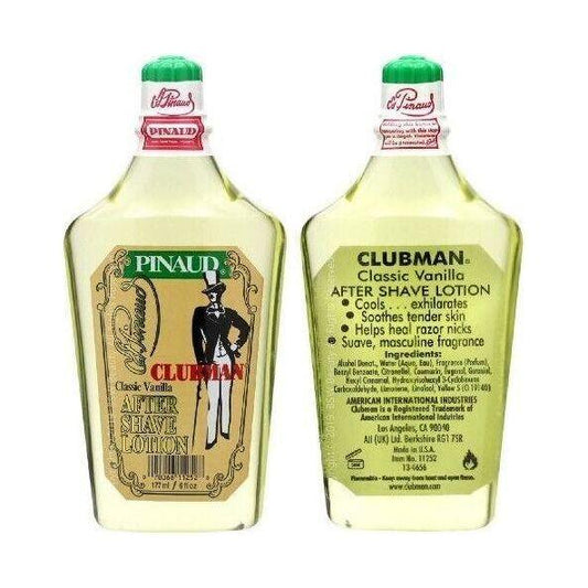 Clubman Pinaud Classic Vanilla After Shave Lotion in 6 oz bottle, featuring a smooth after shave lotion with vanilla scent.