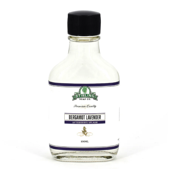 Stirling Soap Co Bergamot Lavender Aftershave Splash in 100ml bottle, with a sleek design and label featuring bergamot and lavender notes.