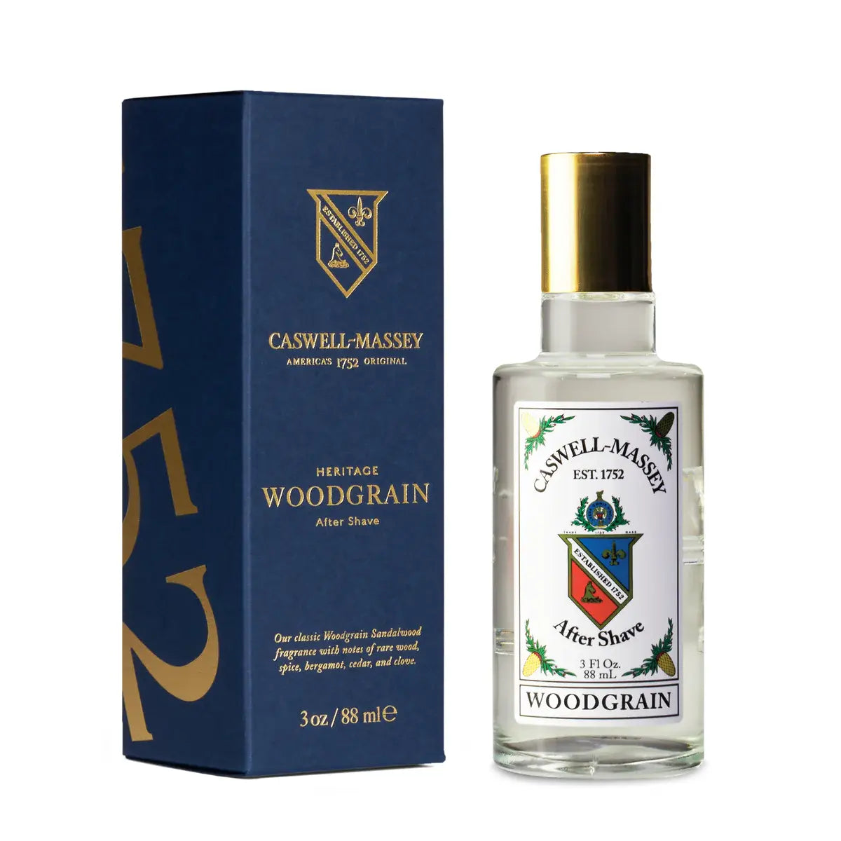 Caswell-Massey Gold Cap After Shave, 3 oz, in green bottle with gold cap, part of the Pasteur Pharmacy collection.