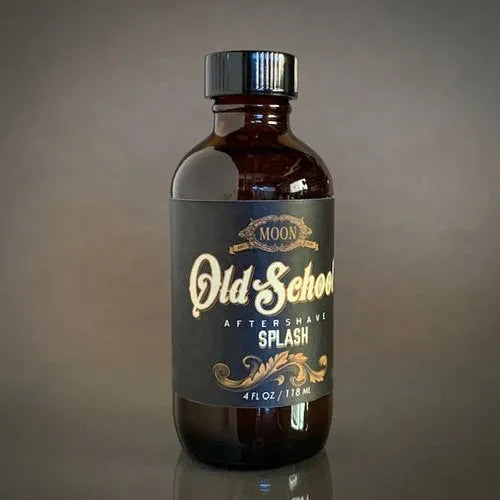 Moon Soaps Old School Aftershave Splash in 4 oz bottle, Pasteur Pharmacy brand, with classic packaging and splash applicator.