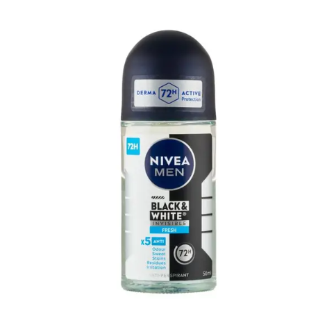 Nivea Black & White Invisible Fresh Anti-Perspirant 72H spray in 50ml bottle, designed for odor and sweat protection.