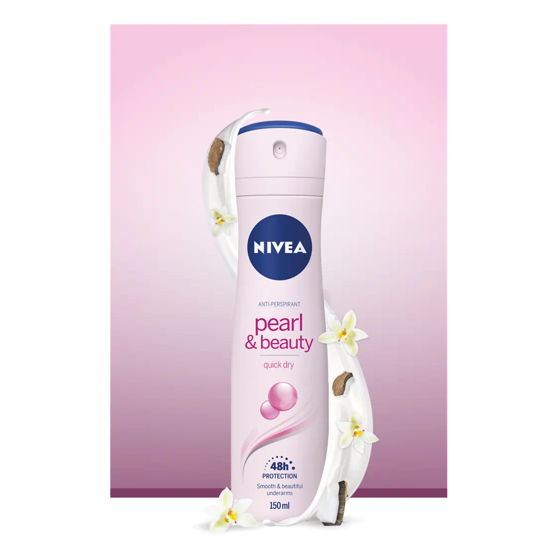 Nivea Pearl & Beauty 48h Protection Anti-Perspirant Spray 150ml, clear bottle with blue cap and Nivea branding