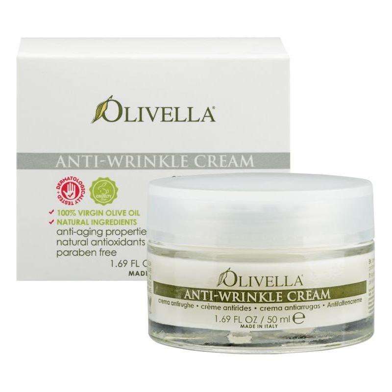 Olivella Anti-Wrinkle Cream in 1.69 fl oz jar, moisturizing skincare product from Pasteur Pharmacy with anti-aging properties