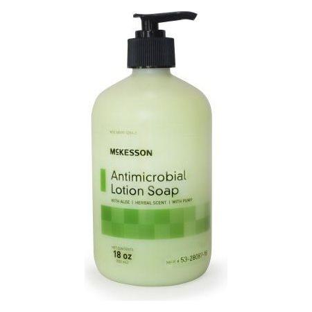 Pasteur Pharmacy McKesson Antimicrobial Lotion Soap with Aloe, 18 oz bottle showing the soap dispenser and label.