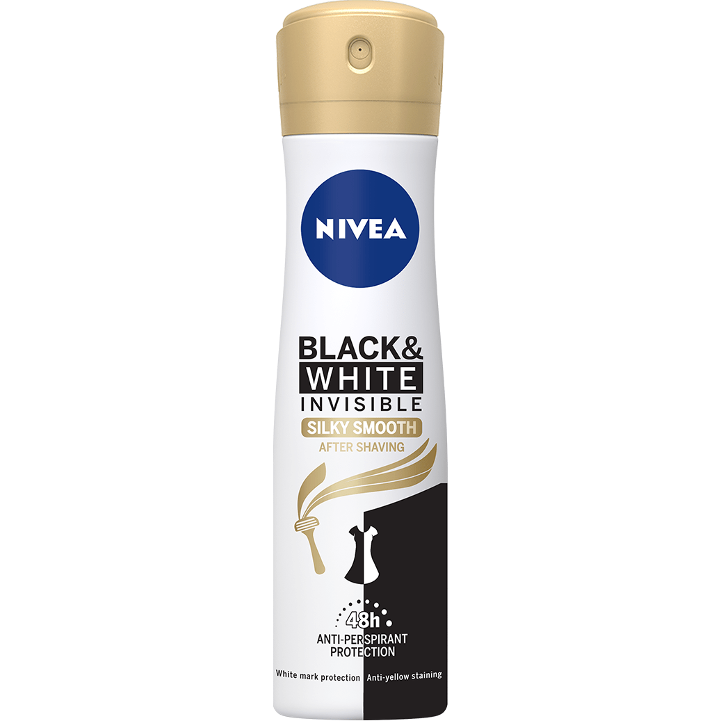 Nivea Black & White Invisible Silky Smooth Antiperspirant spray in 150 ml bottle, designed for underarm odor and sweat protection