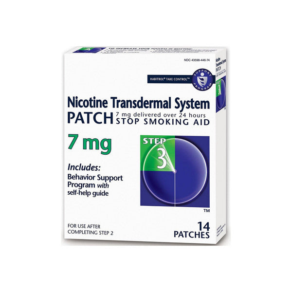 Nicotine patch from Pasteur Pharmacy, 7mg/24hr, Step 3, for smoking cessation, applied on skin for nicotine delivery.