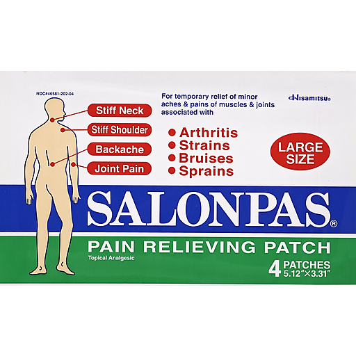 Large Salonpas Pain Relieving Patch by Pasteur Pharmacy, adhesive patch for targeted pain relief, shown on skin.