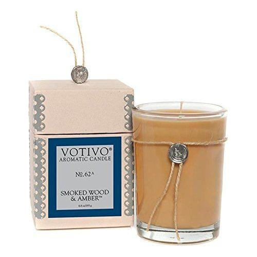 Votivo Aromatic Candle in Smoked Wood & Amber scent, pastel-colored candle with elegant packaging, 6.8 oz.